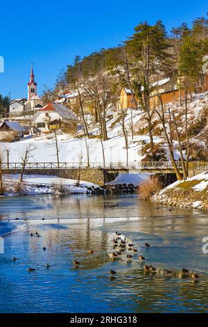 Blick auf den Pivka-Flusspark an einem schönen Wintertag. Es ist ein karstverlassener Fluss in Slowenien. Die Pivka endet in der Planina-Höhle. Der Zusammenfluss der Pivka Stockfoto