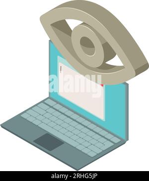 Isometrischer Vektor des Laptop-Symbols. Moderner Laptop und großes Symbol für das offene menschliche Auge. Digitalisierung, moderne Technologie Stock Vektor
