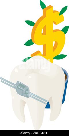 Kieferorthopädischer Konzeptsymbol-isometrischer Vektor. Zahnspange am Zahn und Dollarzeichen. Kieferorthopädische Zahnheilkunde, Stomatologie Stock Vektor
