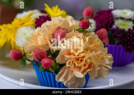 Nahansicht einer wunderschönen Blumenanordnung mit bunten Blumenblüten, die in kannelierten Cupcake-Tassen angeordnet sind, mit defokussiertem Hintergrund. Stockfoto