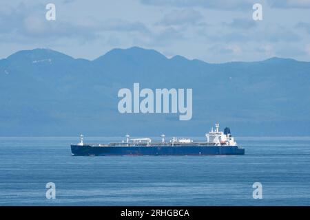 Treibgasträger. Gaspipeline, Gastanker, der an einem bewölkten Tag im Ozean segelt. Stockfoto