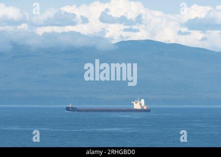 Großes Frachtschiff, das an einem bewölkten Tag in ruhiger See segelt. Logistik, Handel, globale Kommunikation Stockfoto
