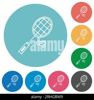 Badminton-Schläger und Shuttlecock umranden flache weiße Symbole auf rundem farbigen Hintergrund Stock Vektor