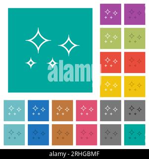 Blendsterne umrahmen mehrfarbige flache Symbole auf einfarbigem quadratischem Hintergrund. Enthält weiße und dunklere Symbolvarianten für Hover- oder aktive Effekte. Stock Vektor