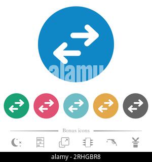 Durchgehende, flache, weiße Symbole für die Datenübertragung auf runden, farbigen Hintergründen. 6 Bonussymbole enthalten. Stock Vektor