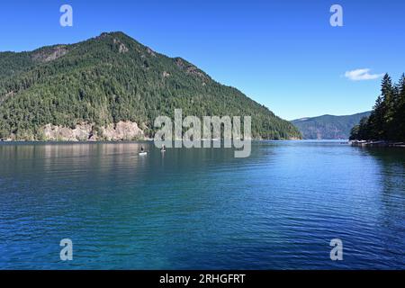 Olympic National Park, Washington - 3. August 2023 - Paar Paddleboards auf ruhigem klarem Wasser des Lake Crescent am ruhigen Sommermorgen. Stockfoto