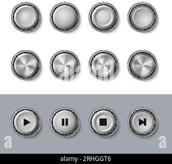 Sammlung von Schaltflächen für hochdetaillierte metallische Medien. Schaltflächen für die Benutzeroberfläche von Round Template für Media Player, Internet, Elektronik oder Computer auf GRA Stock Vektor