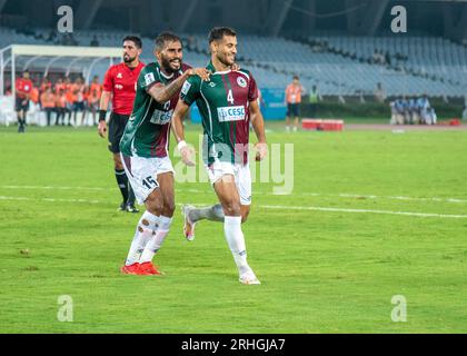 Kalkutta, Indien. Aug. 2023. Mohunbagan Super Giant startete seine AFC Cup-Kampagne 2023-24 mit einem Sieg 3-1 gegen den nepalesischen Verein Machhindra FC in der Vorrunde 2 am 16. August 2023 im VYBK Stadium in Kalkutta. (Foto: Amlan Biswas/Pacific Press) Credit: Pacific Press Media Production Corp./Alamy Live News Stockfoto