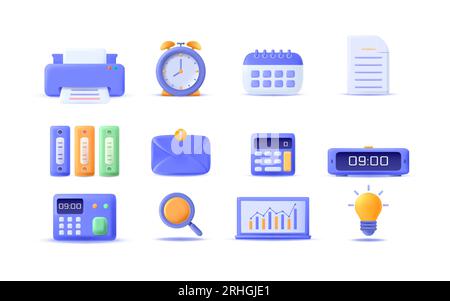 3D-Set Büro-, Geschäfts-, Finanz-Ikonen. Minimale und stilvolle Vektor-Zeichentrickillustration Stock Vektor