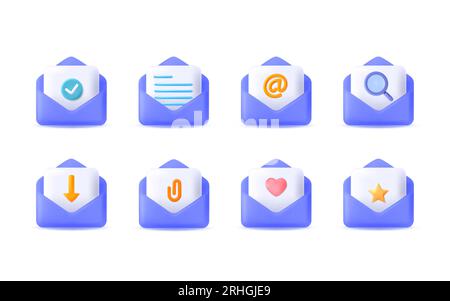 Set aus 3D-Vektorsymbolen für offene Briefumschläge. Nachrichtenbenachrichtigung, Häkchen, Papierdokument, Lupe, Anhang, Herzensliebe, STA Stock Vektor