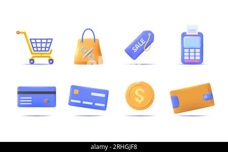 3D-Symbolsatz für Online-Shopping. Warenkorb, Tasche, Tag, Zahlung, Kreditkarte, Geldbörsen- und Geldsymbole. Stock Vektor