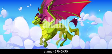 Grüner Drache mit rosafarbenen Flügeln, die über Wolken fliegen. Vektor-Zeichentrickillustration einer fantastischen Kreatur mit Schwanz, Hörnern und Pfoten vor himmlischem Wolkenlandgrund. Traditionelles asiatisches Maskottentier Stock Vektor