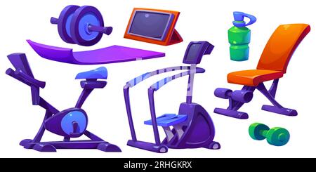 Sportgeräte für Kardio- und Krafttraining im Fitnessstudio oder zu Hause. Zeichentrickvektor-Illustration von Heimtrainer, Stepper, Bank, Übungsrad und Matte, um Fitness und Gesundheit zu erhalten und zu entwickeln. Stock Vektor