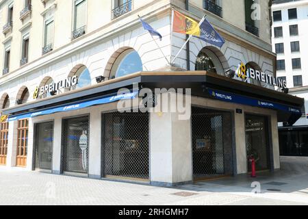 Genf, schweiz. August. 2023. Berühmter Luxusuhrmacher Breitling, gegenüber dem Genfer See. Stockfoto