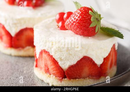 Fraisier Cake ist ein französischer Erdbeerkuchen, der aus Schichten von Genoise, Mousseline-Creme und Erdbeeren auf dem Teller auf dem Tisch hergestellt wird. Horizontal Stockfoto