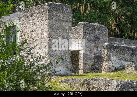 Tabby House Ruinen eines unvollendeten Hauses, das 1854/5 von Charles Thomson auf Fort George Island bei Kingsley Plantation in Jacksonville, FL, erbaut wurde. Stockfoto