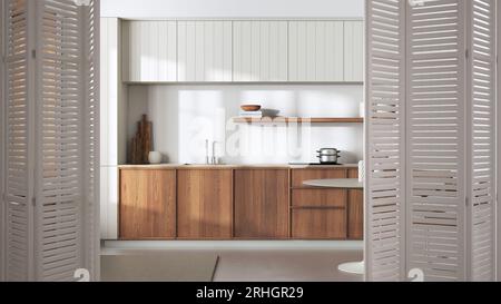 Weiße Falttür öffnet sich auf japandi Holzküche und Esstisch, minimalistisches Innendesign, Architekt Designer-Konzept Stockfoto