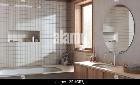 Bauernhaus Boho Badezimmer in Weiß-und Beigetönen. Marmorbadewanne und Holzwaschbecken. Japandiisches Interior Design Stockfoto