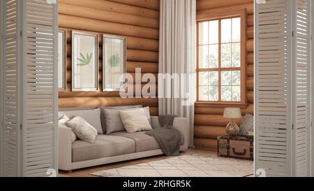 Weiße Falttür öffnet sich auf Holz-Blockhaus Wohnzimmer mit Sofa, rustikale Innenarchitektur, Architekt Designer-Konzept Stockfoto