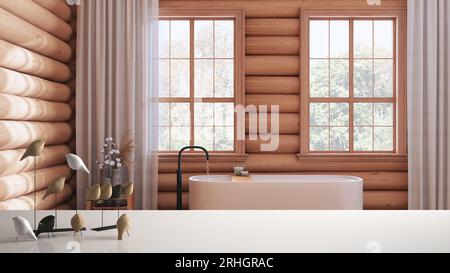 Weiße Tischplatte oder Ablage mit minimalistischem Vogelschmuck, Vogelstrick - geschicktes Bad aus Holzblockkabine mit Badewanne, rustikale Vintage-Innenausstattung DE Stockfoto