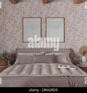 Bauernzimmer in weiß- und Beigetönen mit Rahmenmockup. Holzmöbel und Tapeten. Boho-Innendesign Stockfoto