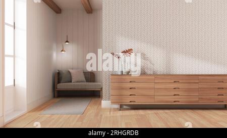Japanisches Wohnzimmer in weiß- und Beigetönen. Kommode aus Holz mit Wandmotiv. Parkett und Tapete. Modernes Innendesign Stockfoto