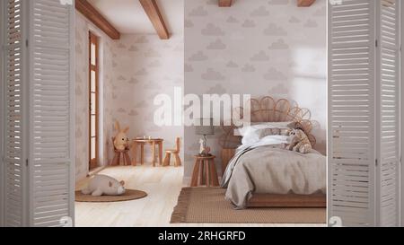 Weiße Klapptür zum Kinderzimmer mit Holzmöbeln, Einzelbett, Tapete, Boho-Innenarchitektur, Architekt-Designkonzept Stockfoto