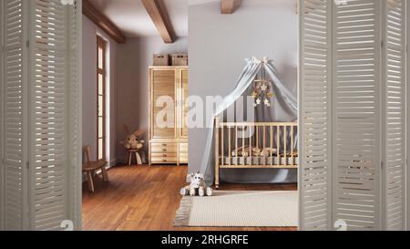 Weiße Falttür zum modernen Kinderzimmer mit Kinderbett, Fenster, Spielzeug und Teppich, Inneneinrichtung, Architekt-Designkonzept Stockfoto