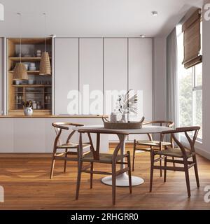 Minimalistisches, modernes Esszimmer und Küche aus Holz in weiß. Insel und Tisch mit Stühlen, Parkettboden. Modernes Innendesign Stockfoto