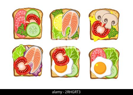 Vektor-Illustration Set von Toast mit Fleisch, Fisch, Pilzen, Gemüse und Salat. Gesundes Essen zum Frühstück Stock Vektor
