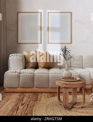 Frame Mockup, Bauernhaus Wohnzimmer in weiß-beigen Tönen. Parkett- und Rattanmöbel, Sofa, Tapete. Vintage-Innenausstattung Stockfoto