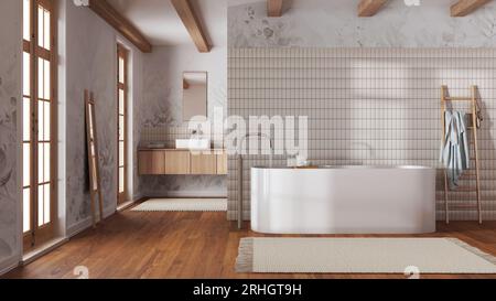 Minimalistisches japanisches Badezimmer in weiß- und Beigetönen. Freistehende Badewanne und Holzwaschbecken. Innenarchitektur des Bauernhauses Stockfoto