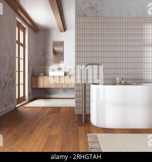 Minimalistisches japanisches Badezimmer in weiß- und Beigetönen. Nahaufnahme, freistehende Badewanne und Holzwaschbecken. Innenarchitektur des Bauernhauses Stockfoto