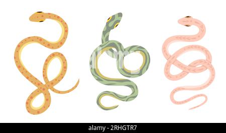Vektorsatz von Zeichentrickschlangen isoliert vom Hintergrund. Clipart Kollektion von Schlangen in verschiedenen Posen in Pastellfarben für Aufkleber, Karten und Symbole Stock Vektor
