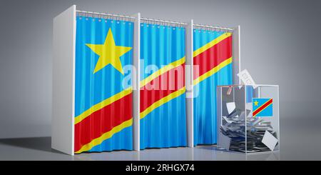 Demokratische Republik Kongo - Stimmkabinen mit Landesflagge und Stimmzettel - 3D-Illustration Stockfoto