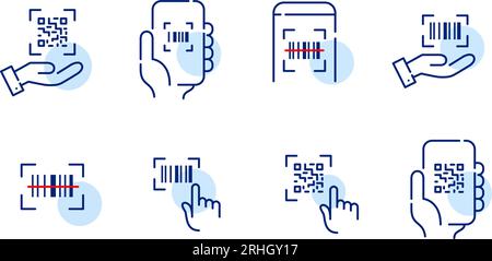 Scannen Sie qr-Codes und Barcodes mit der Mobiltelefon-App. Pixel Perfect-Symbole Stock Vektor
