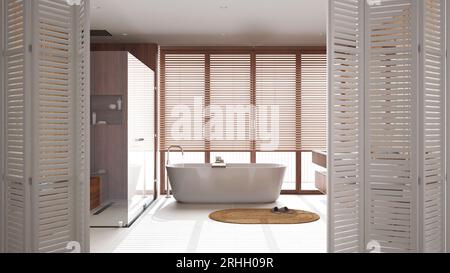 Weiße Klapptür auf minimalem Holzbadezimmer mit Badewanne, Dusche und Waschbecken, japandi-Inneneinrichtung, Architekt-Designkonzept Stockfoto