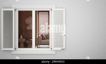 Putzwand außen mit weißem Fenster mit Fensterläden, mit japandischem Wohnzimmer, leerer Hintergrund mit Kopierraum, Architektur-Design Stockfoto