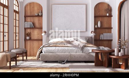 Modernes Schlafzimmer aus Holz mit Parkett und Bogenfenstern. Doppelbett, Teppiche und Sessel in weiß- und Beigetönen. Japandi-Innenarchitektur Stockfoto