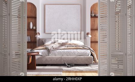 Weiße Klapptür auf minimalistischem japandi-Schlafzimmer aus Holz mit Doppelbett, Nischen und Dekoren, Innendesign, Architekt-Designkonzept Stockfoto