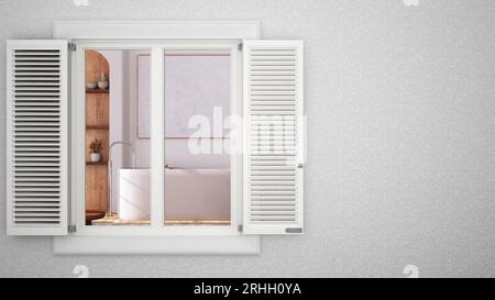 Putzwand außen mit weißem Fenster mit Fensterläden, mit Innenbad mit Badewanne, leerer Hintergrund mit Kopierraum, Architekturdesign c Stockfoto