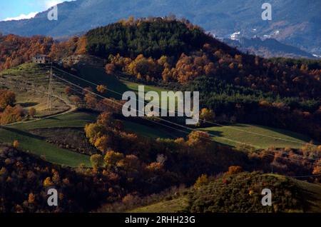 boschi e campi in autunno nel Montefeltro Stockfoto