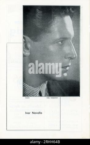 Inside of Programme with Portrait of IVOR NOVELLO by PAUL TANQUERY mit ISABEL JEANS VIVIEN LEIGH und VIOLA TREE in THE HAPPY HYPOCRITE A Play in Words and Music von CLEMENCE DANE und RICHARD ADDINSELL basierend auf MAX BEERBOHMS Geschichte im His Majesty's Theatre, Haymarket, London, das am 8. April 1936 eröffnet wurde Stockfoto