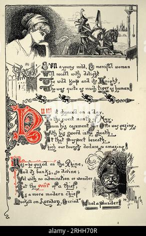 Ritter in leuchtender Rüstung und Prinzessin, Page from the Knight and the Dragon von Thomas Hood, Fantasy Mythology, illustriert von Ernest Maurice Jessop Stockfoto