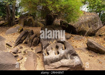 Krokodilstein am Bergtempel Wat Phu, Provinz Champasak, Laos, Asien | Schnitzerei eines Krokodils am VAT Phou Temple Complex, Provinz Champasak, Laos, Stockfoto