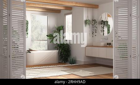 Weiße Klapptür für nachhaltiges modernes Badezimmer mit Badewanne und vielen Zimmerpflanzen, Architekt-Designkonzept, urbanes Dschungel-Innendesign Stockfoto