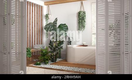 Weiße Klapptür für nachhaltiges modernes Badezimmer mit Badewanne und vielen Zimmerpflanzen, Architekt-Designkonzept, urbanes Dschungel-Innendesign Stockfoto