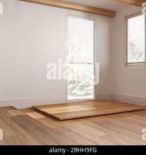 Leeres Holzzimmer mit Inneneinrichtung, offener Raum mit Parkettboden, Fenster mit Jalousien, weiße Wände, modernes, modernes Architekturkonzept i Stockfoto
