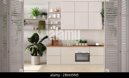 Weiße Falttüröffnung in minimalweißer Küche mit Schränken und Geräten und mit vielen Topfpflanzen, Architekt-Designerkonzept, urbaner Dschungel Stockfoto