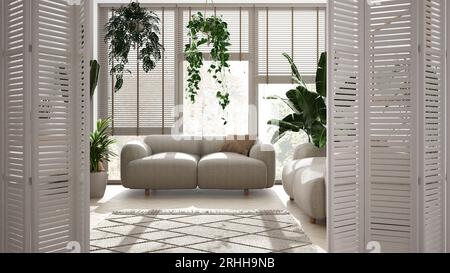 Weiße Falttüröffnung im minimalweißen Wohnzimmer mit Stoffsofas und Teppich und vielen Topfpflanzen, Architekt-Designkonzept, Urban Ju Stockfoto